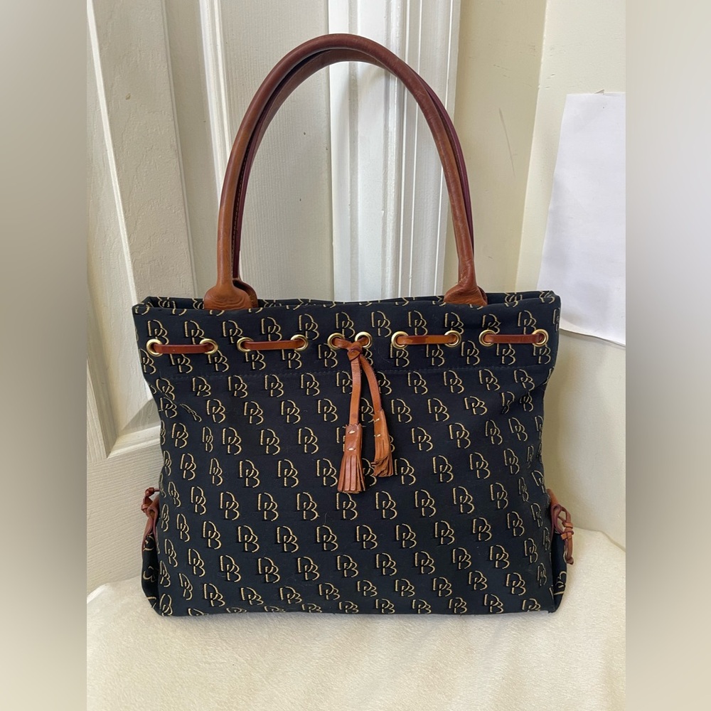 Dooney & Bourke Blue Monogram Tote with Brown Leather Trim